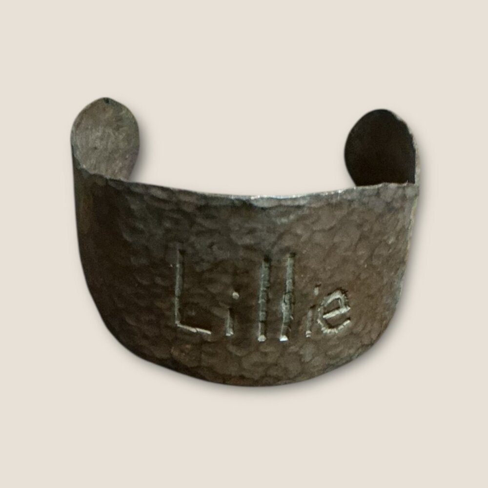 Wide Hammered Metal Cuff Bracelet With "Lillie" Name Engraved - Picture 4 of 5